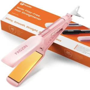 Faszin pink hair straightener with titanium plates and LED temperature display, designed for fast, even heating and smooth, shiny results with negative ion technology.