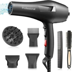 Faszin ionic hair dryer with multiple attachments for styling curly and straight hair, designed for fast drying and salon-quality results.