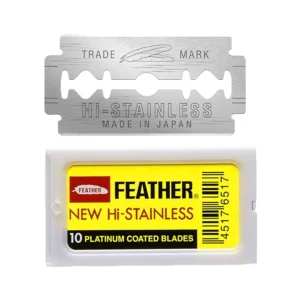 A pack of ten Feather double edge razor blades, made from platinum coated Japanese steel, offering a close and comfortable shave for use with any double edge safety razor.