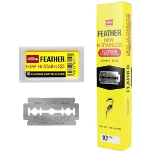 Two hundred Feather Hi-Stainless platinum coated double edge razor blades, known for their sharpness and quality, offering a close and comfortable shave.