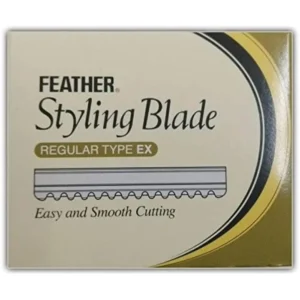 This image shows a pack of ten Feather styling blades, designed as replacement refills for thinning razors, offering precision and consistent performance.