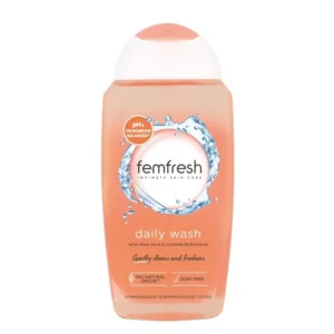 Six bottles of Femfresh Daily Intimate Wash with aloe vera, pH balanced and dermatologist tested for everyday feminine hygiene.