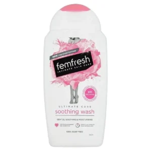 Four bottles of Femfresh Ultimate Care Soothing Wash, a pH-balanced feminine hygiene wash for gentle cleansing and care.