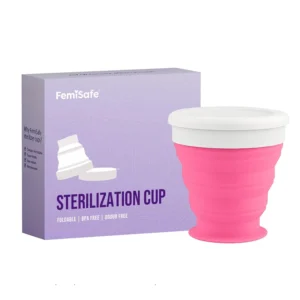 FemiSafe menstrual cup sterilizer made with food-grade silicone is microwave-friendly, foldable, and quickly eliminates 99.9% of germs.