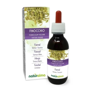 A bottle of Naturalma Fennel fruit liquid extract for digestive support, made in Italy with a concentrated 1:10 ratio, alcohol and sugar-free, perfect for vegans.