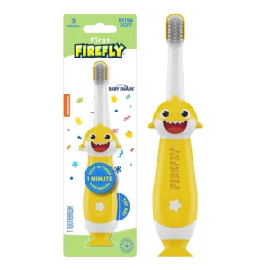 Yellow Baby Shark light up training toothbrush from First Firefly with extra soft bristles and a non-slip handle for babies and toddlers.