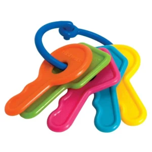 A set of colorful, BPA-free first keys baby toy designed for teething relief, sensory exploration, and motor skill development in infants 3 months and up.