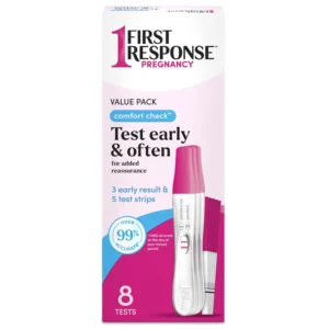 This image displays a FIRST RESPONSE pregnancy test kit with both early result sticks and test strips, offering multiple options for convenient and accurate pregnancy testing.