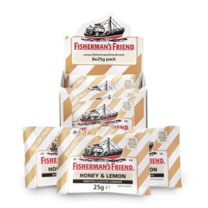 Eight packs of Fisherman's Friend sugar-free honey and lemon menthol lozenges, suitable for vegetarians and vegans, and certified Halal and Kosher.