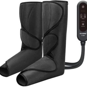 The FIT KING air compression leg massager provides a relaxing foot and calf massage to improve circulation and relieve leg fatigue with its adjustable wraps and handheld controller offering customized massage modes and intensities.