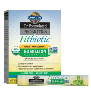 Garden of Life Fitbiotic weight management powder with 50 billion CFU and prebiotic fiber supports digestion, weight loss, and immune health.