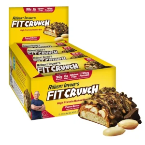 Twelve FITCRUNCH peanut butter flavored protein bars with 30g of protein and only 6g of sugar in a box.