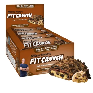 Indulge in a gluten-free FITCRUNCH Chocolate Chip Cookie Dough protein bar with 30g of protein and only 6g of sugar, designed by Chef Robert Irvine.