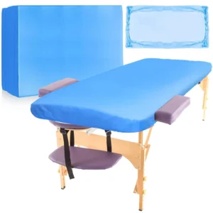 These blue disposable fitted massage table sheets made of soft, breathable non-woven fabric with elastic bands provide a comfortable and hygienic surface for spa treatments, protecting your massage table.