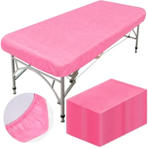 These pink, disposable fitted massage table sheets are soft, breathable, and made of non-woven fabric, designed to protect your spa bed and provide a comfortable experience for clients.