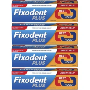 Four tubes of Fixodent Dual Power denture adhesive cream, each containing 40 grams, provide a strong, long-lasting hold for dentures.