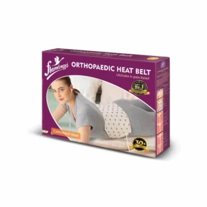 The Flamingo heat belt provides soothing warmth for pain relief in areas like the lower back, knee, and shoulder, featuring an adjustable Velcro strap and a temperature controller for convenient and safe use.