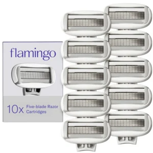 This image shows a package of Flamingo women's razor blade refills with five high-quality stainless steel blades surrounded by a water-activated comfort system for a smooth and comfortable shave.