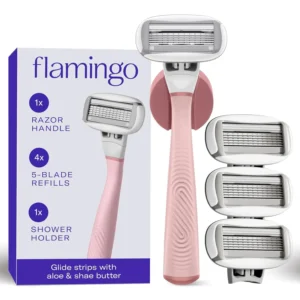 Flamingo women's razor in rose with four five-blade refills and a shower holder, featuring a comfortable handle and lubricating comfort system for a smooth shave.