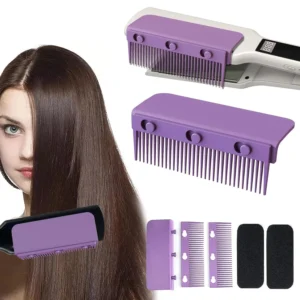 This flat iron comb attachment clips onto your flat iron for easy, damage-free hair straightening at home or in the salon, offering high heat resistance and convenient one-handed use.