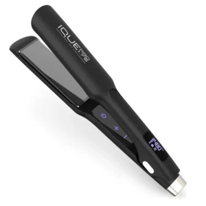 The IQUE Pro flat iron is a 2-in-1 hair straightener and curler with nano titanium plates, ionic function, and adjustable temperature up to 480°F for all hair types.