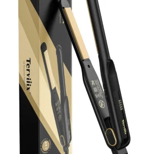 This small, 1/2 inch flat iron is perfect for styling short hair, pixie cuts, and bangs, featuring ceramic plates infused with Argan Oil, Keratin, and Tourmaline to protect hair.