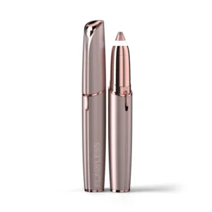 Blush-colored Finishing Touch Flawless Brows hair remover provides painless and precise eyebrow shaping with a built-in LED light for illuminating fine hairs.