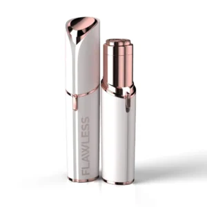 Rose gold, 18k gold-plated women's hair remover gently and painlessly removes facial hair and peach fuzz for flawless makeup application.