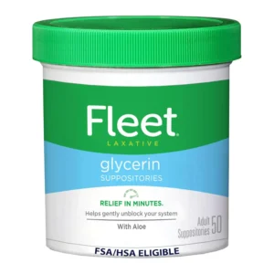 This image shows a box of Fleet Adult Glycerin Suppositories, a durable and easy-to-use product that ensures long-lasting relief.