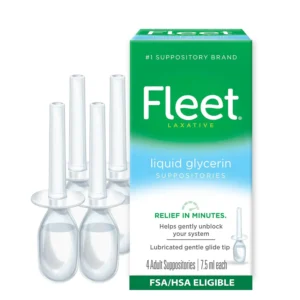 This is a pack of three boxes of Fleet Laxative Liquid Glycerin Suppositories, each box containing four suppositories, totaling twelve suppositories for gentle constipation relief.