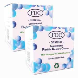 Two boxes of Dental Aesthetics FDC Flexible Denture Cleaner, a mint-flavored solution specially formulated for cleaning flexible partials, acrylic dentures, night guards, and retainers, providing a 6-month supply.