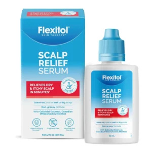 A bottle of Flexitol Scalp Relief Serum designed to soothe and moisturize dry, irritated scalps affected by eczema, psoriasis, dermatitis, or dandruff, featuring 2% colloidal oatmeal.