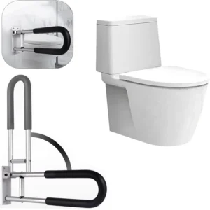 This flip-up toilet grab bar provides sturdy support and enhanced safety in the bathroom for the elderly and disabled, featuring a non-slip foam grip and space-saving design.