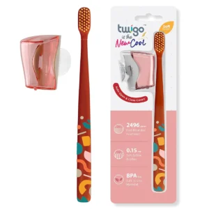 Pink Flipper toothbrush with cover, designed for ultimate safety and hygiene, featuring a one-touch open and close mechanism and suction cup holders.