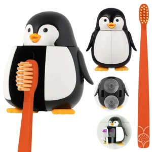 This Flipper toothbrush set includes a cute penguin toothbrush holder and a soft bristle toothbrush for kids, promoting fun and hygienic oral care.