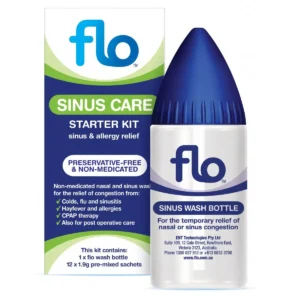 FLO sinus rinse kit provides gentle, non-medicated nasal wash for adults, offering relief from congestion and allergies.
