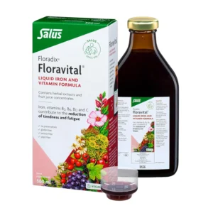 Floradix Floravital Iron and Herbs liquid formula, a vegan and vegetarian-friendly supplement with organic iron II gluconate for energy and vitality.