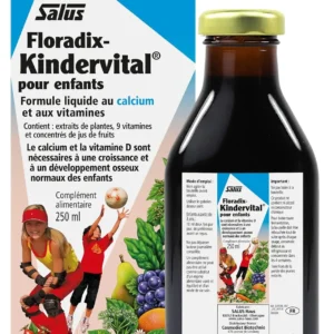 Floradix Kindervital liquid supplement supporting children's healthy growth, bone development, immune function and nutrient metabolism.