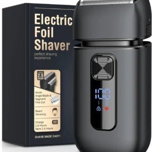 This electric foil shaver for men offers a smooth, close shave with its dual-blade system and includes a pop-up trimmer for beard and mustache grooming, featuring a digital display and USB-C charging.