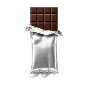 This image shows a pack of 100 rectangular, metallized silver Foilman heat seal bags with tear notches, designed for wrapping chocolate bars.