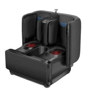 The SKY LAND foot and calf massager with heat provides deep kneading, air compression, and vibration for pain relief and relaxation, and also functions as a heated ottoman.