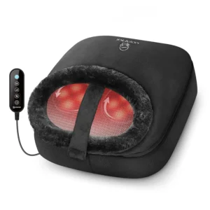 Electric foot massager with heat offers a shiatsu massage to relieve plantar fasciitis and neuropathy pain while warming feet.