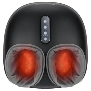 This black Medcursor foot massager machine uses deep kneading, heat, and adjustable air compression to relieve foot pain and improve circulation at home or in the office.