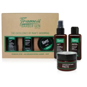 Framesi Barber Gen beard kit for men includes beard shampoo, volumizing beard spray, and matte beard wax for professional-grade hair and beard grooming.