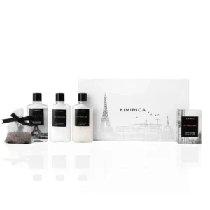 Kimirica French Lavender gift set for men includes shower gel, body lotion, bath salt, bathing bar and lavender potli, infused with aloe vera, shea butter and vitamin E for a luxurious and vegan pampering experience.