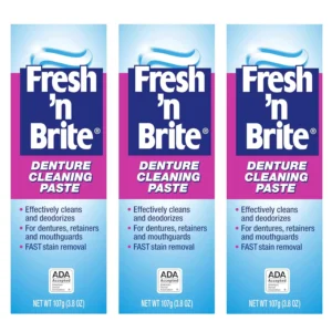 Three tubes of Fresh 'n Brite denture cleaning paste, a minty gel for cleaning dentures.