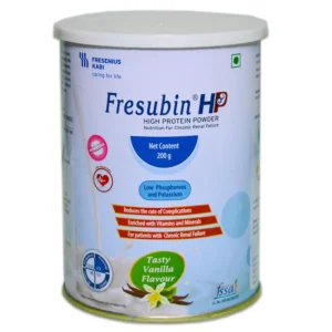 This is a container of Fresubin HP dialysis powder, a high-calorie, high-protein supplement enriched with vitamins, minerals, and fiber for chronic kidney disease patients on dialysis.