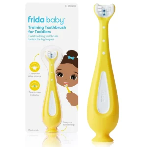 This toddler toothbrush features triple-angle bristles for easy cleaning and a stay-put suction cup.