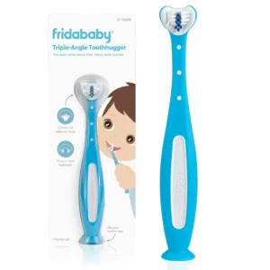 This blue Frida Baby Toothhugger toothbrush features a u-shaped head with triple-angle bristles for toddlers learning to brush.