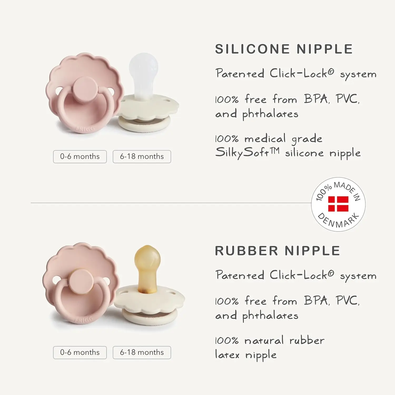 Two-pack of FRIGG Daisy pacifiers in baked clay and cream colors, size 2, designed for babies 6-18 months and made with SilkySoft medical grade silicone.